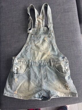 SHEIN Light Blue Washed Denim Short Overalls
